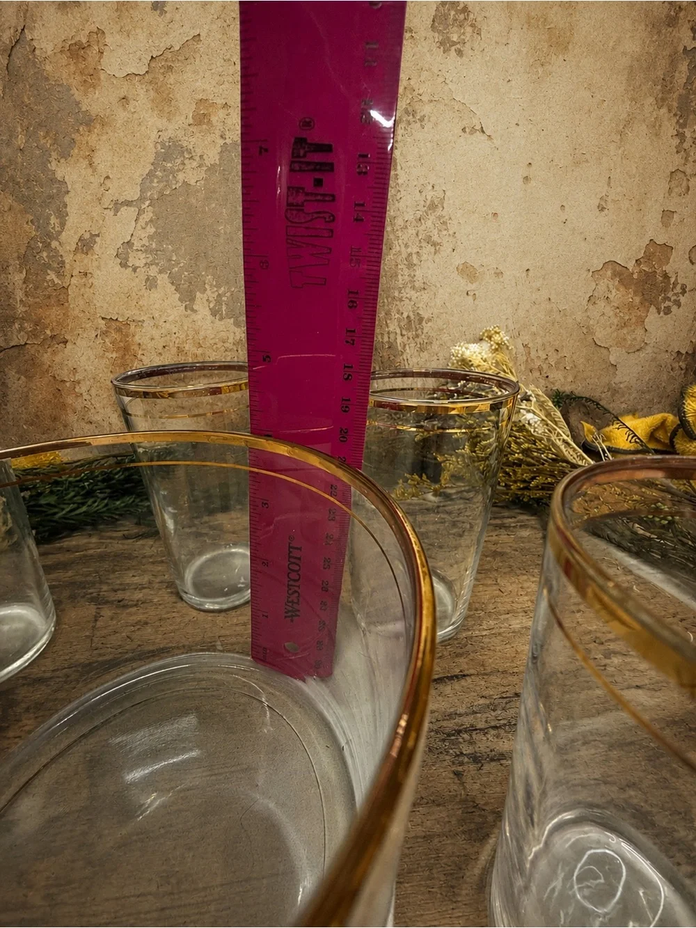 Vintage Gold Rim Glass Ice Bucket with 5 Matching Tumblers Barware Cocktail Set